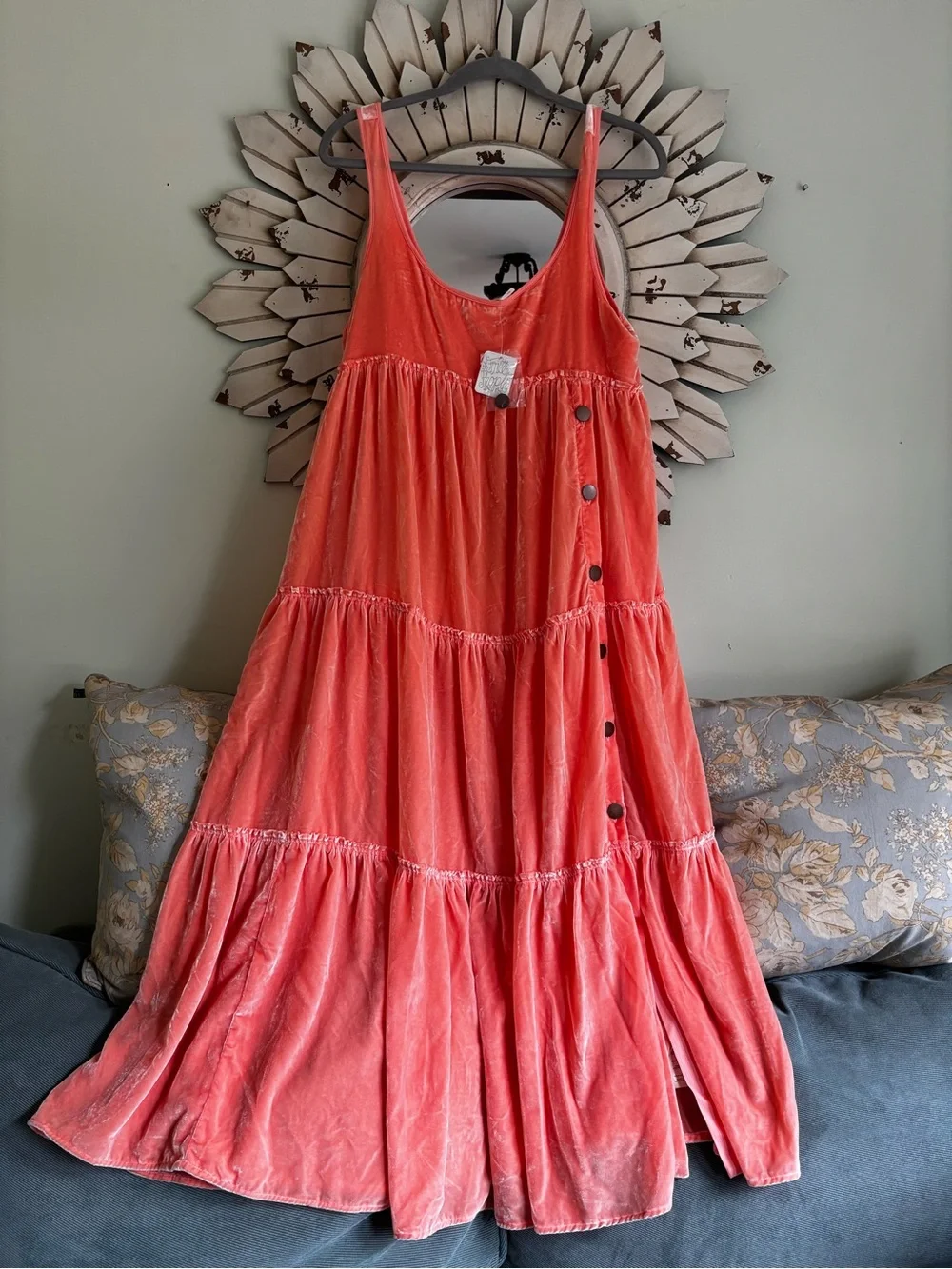 NWT Free People Velvet Tiered Maxi Dress Coral Peach Sleeveless Boho Sz Small